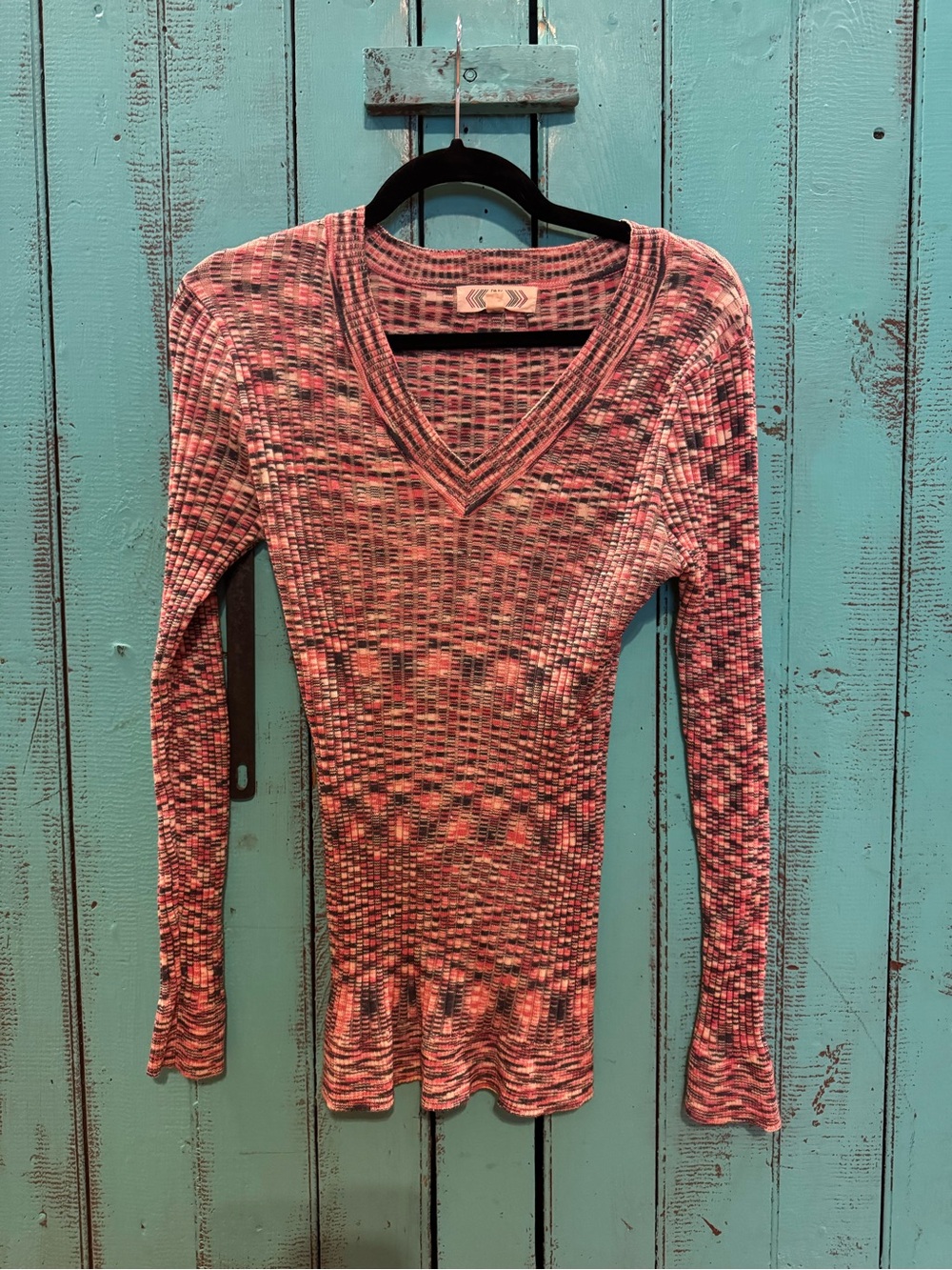 Pink Rose Striped Ribbed Knit Top in Pink and Black Fleck